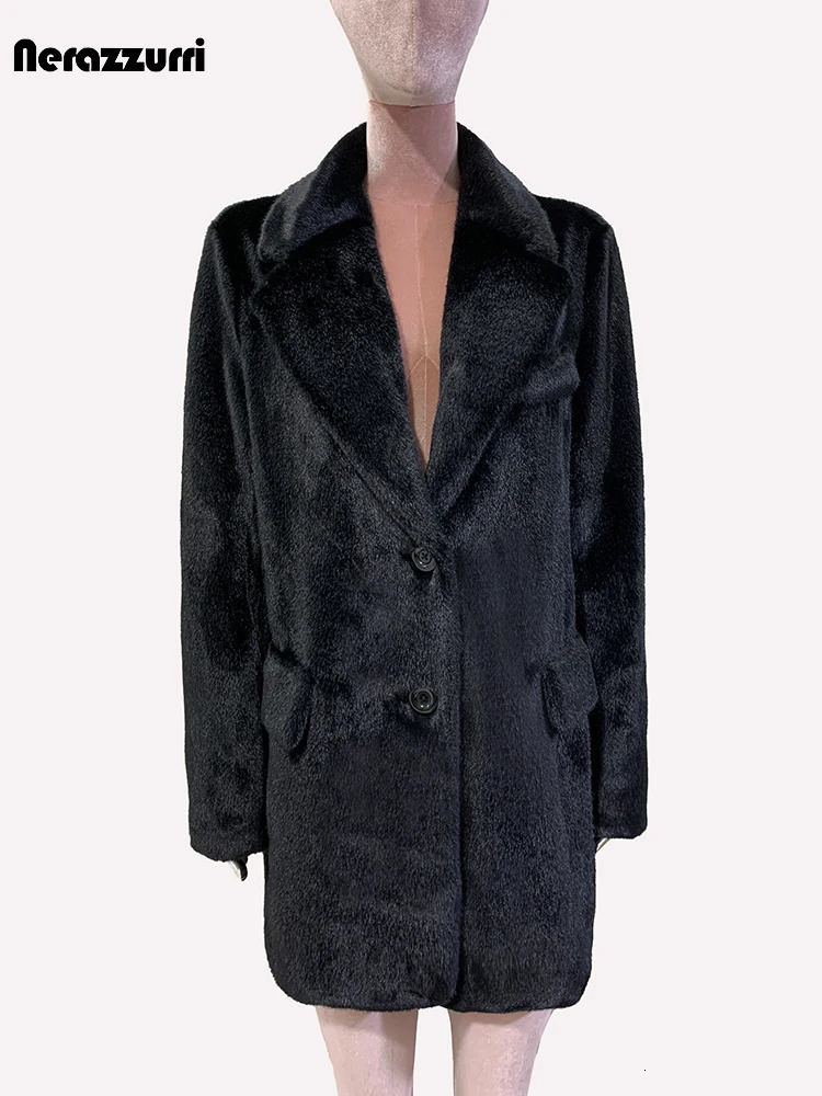 Sapphire autumn fluffy warm soft black faux mink coat jacket womens single chest loose casual Korean fashion 241107