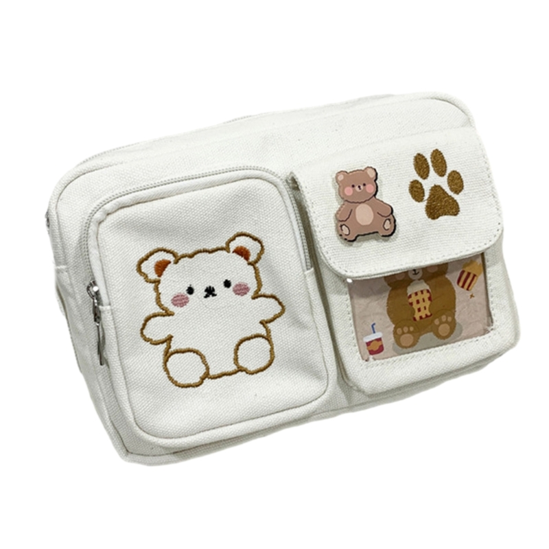 & Compact Canvas Shoulder Bag Bag with Bear Embroidery for Teens