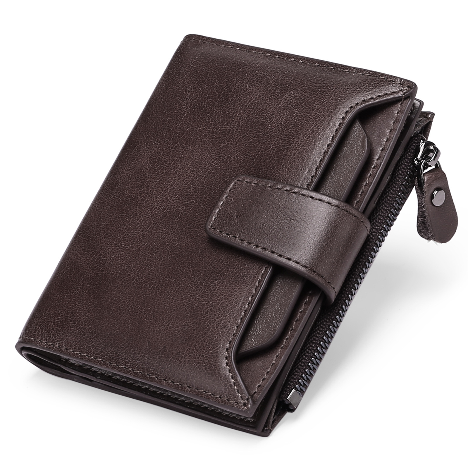 Classic Men's Vintage Genuine Leather Wallet Top Cowhide RFID Zipper Coin Purse Credit Card Holder for Men