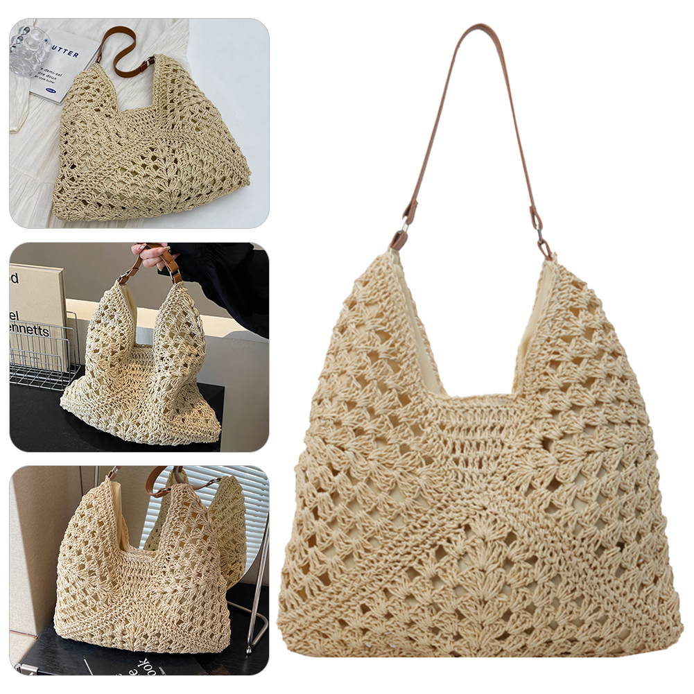 Summer Straw Bag Hollow Out Underarm Bag Solid Color Vacation Bag Holiday Travel Handbag Boho Shoulder Purse for Women