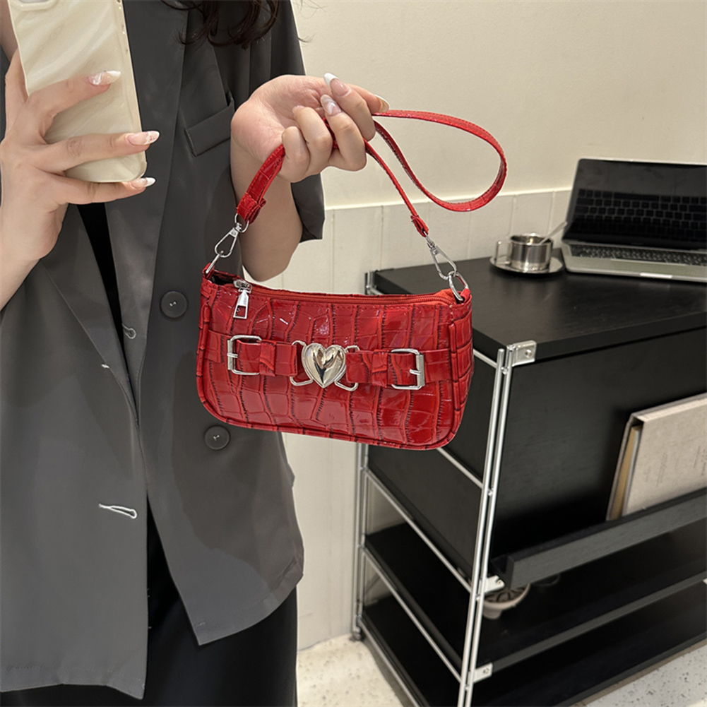 Women Y2K Peach Heart Butt Leather Handbags Girl Alligator Pattern Underarm Handbags Heart Pin Buckle Fashion Girls Shoulder Bag