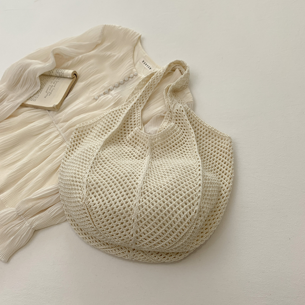 Women Crochet Tote Bag Mesh Beach Bag Large Capacity Hollow Out Tote Bag Solid Color Simple Shopping Bag Vintage Vacation Bag