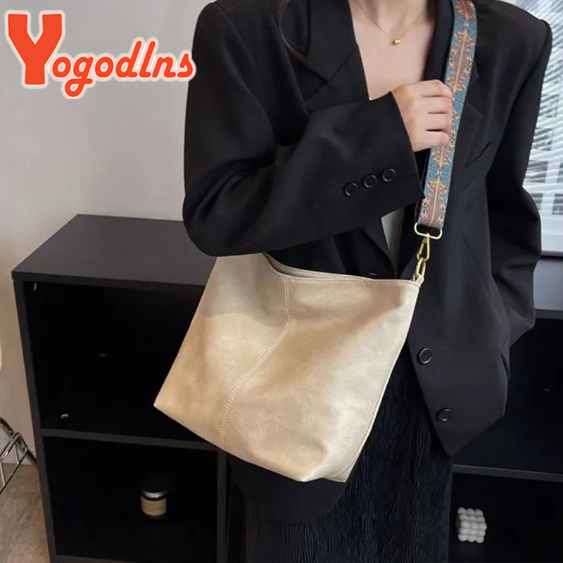 Yogodlns Vintage Shoulder Bag For Women PU Leather Bucket Bag Luxury Style Crossbody Bag Lady Messenger Bag Shopping Tote Purse