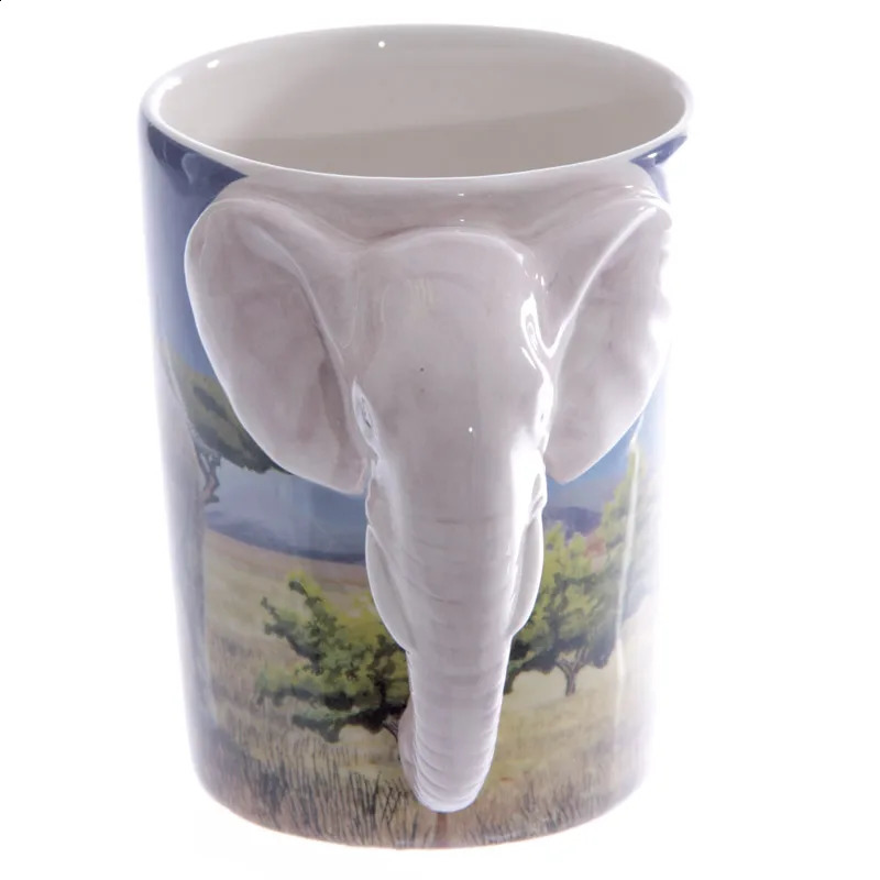 1Piece Creative Animal Cup Elephant Shaped Handle Mug With Savannah Decal Ceramic Office Coffee Mugs 240407