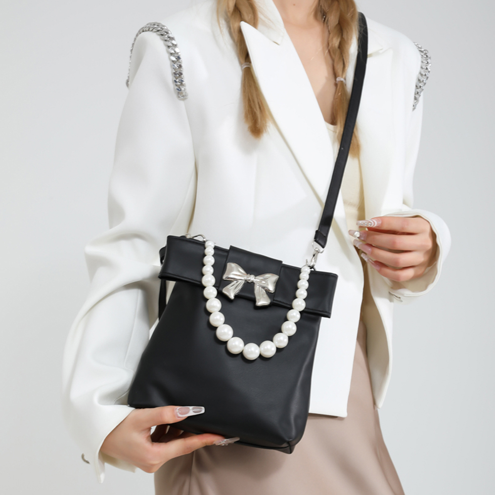 Cute Bow Y2K Purse PU Leather Sweet Pearl Fashion Handbag with Detachable Strap Trendy Crossbody Bag Top Handle Bag for Women