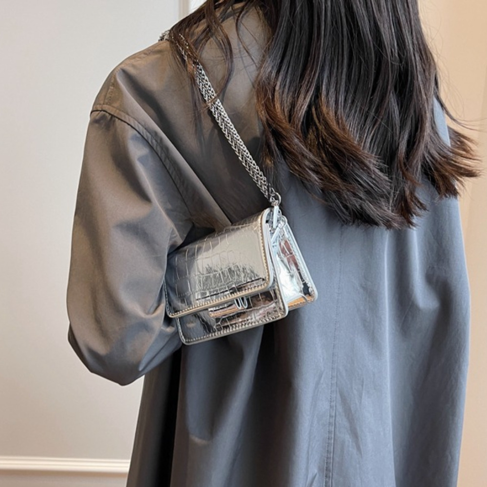 Vintage Women Silver Chic Crossbody Bag Luxury Designer Small Shoulder Bags Fashion Gold Mini Square Cute Pu Leather Handbags