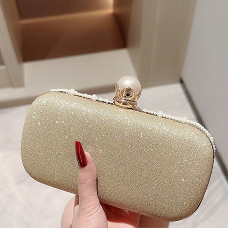 Women Elegant Beaded Pearl Handbag Bridal Wedding Party Clutch Prom Evening Bag with Detachable Chain Crossbody Shoulder Bag