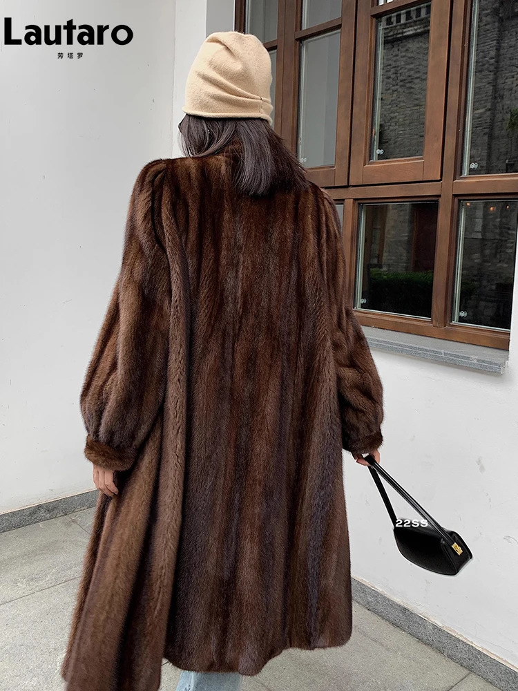 Lautaro Winter Long Brown Thick Warm Soft Artificial Mink Coat Womens Puff Sleeves Elegant Unique Fluffy Fur Coat 241107