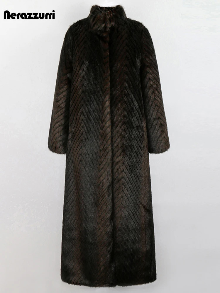 Sapphire winter special long thick warm ious elegant striped fluffy faux mink coat womens stand up collar Maxi coat 241107