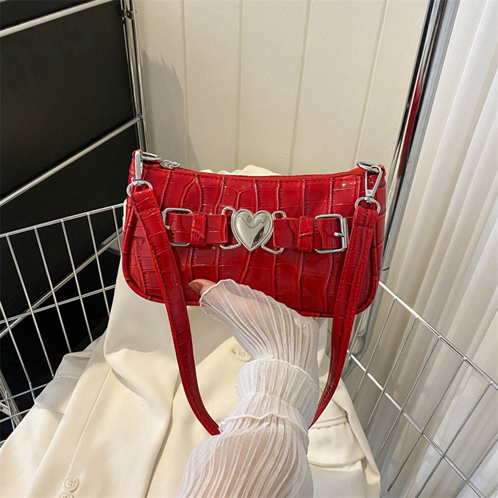 Women Y2K Peach Heart Butt Leather Handbags Girl Alligator Pattern Underarm Handbags Heart Pin Buckle Fashion Girls Shoulder Bag
