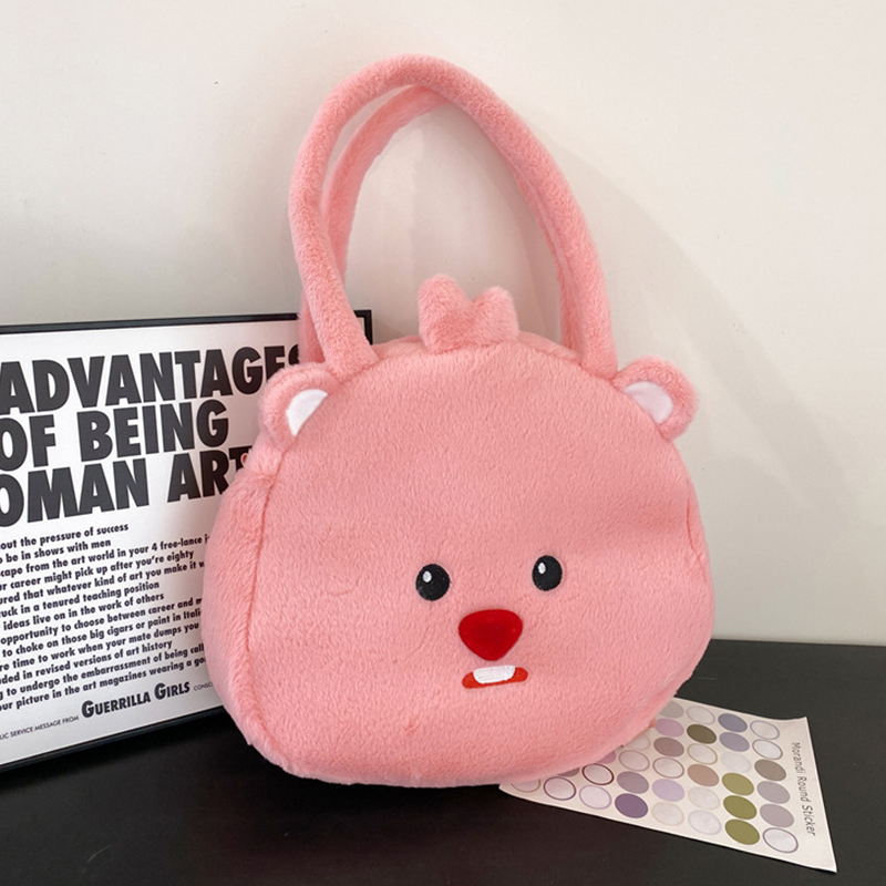 Kawaii Loopy Plush Shoulder Bags Cartoon Pink Beaver Large Capacity Bag Cute Anime Tote Handbags Bag Birthday Gifts Women Girls