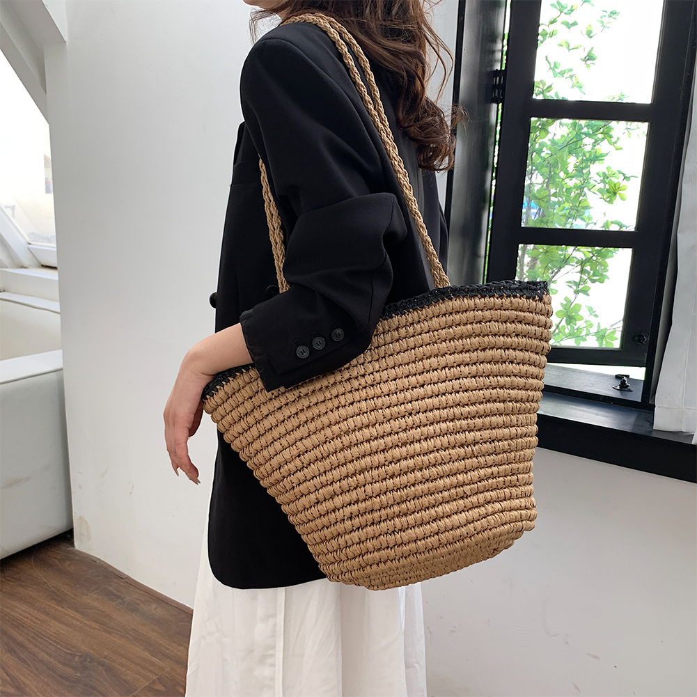 Women Weave Bucket Bags Large Capacity Vintage Weave Tote Bag Bohemian Style for Vacation