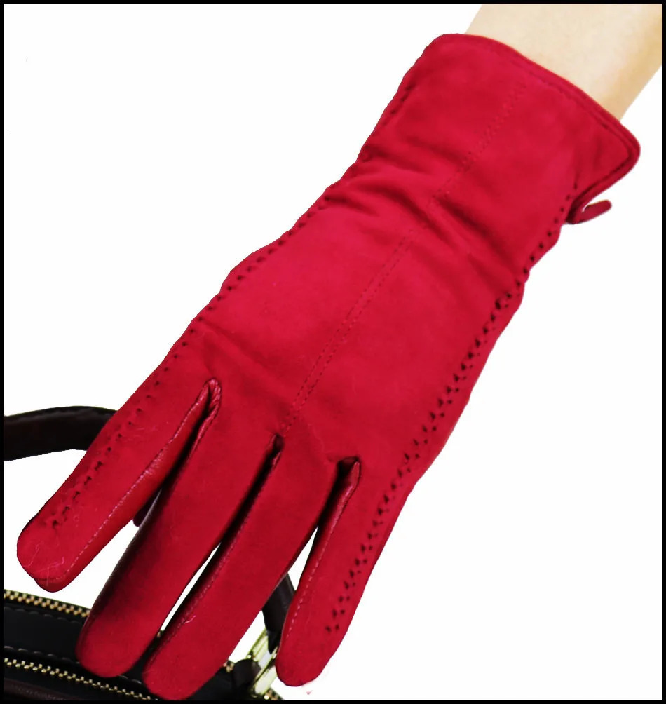 Leather gloves womens sheepskin suede gloves frosted leather autumn and winter thin thick warm knit lining fashionable 241106