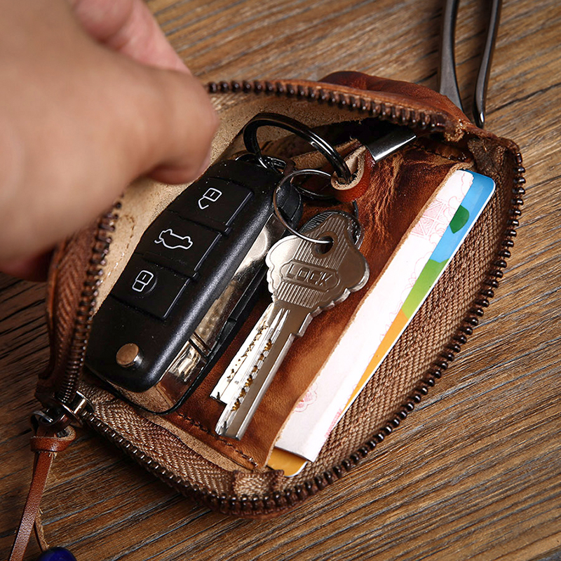 ROOG Men's Genuine Leather Home Car Key Bag Vintage Key Chain Luxury Cowhide Coin Purse Women's Zipper Mini Wallet Card Holder