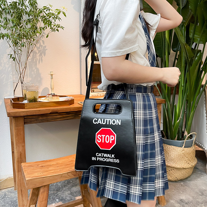 Fun Fashion Warning Sign Shape Women Bag Letter Printing Shoulder Bag Ladies Hand Bag Crossbody Messenger Purse Women Tote Bag