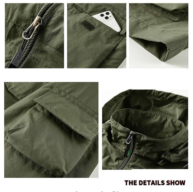 Workwear Men's Spring And Autumn Casual Thin Multi-Pocket Hooded Windbreaker Outdoor Waterproof Plus Size Sports Jacket