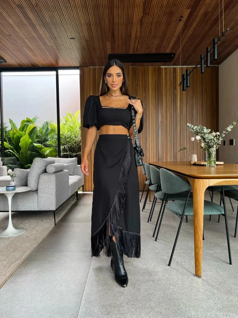 Black Elegant Two Piece Set for Women 2023 Casual Tassel Retro Womens Clothing Puff Sleeve Short Top Long Skirt Suit 240401