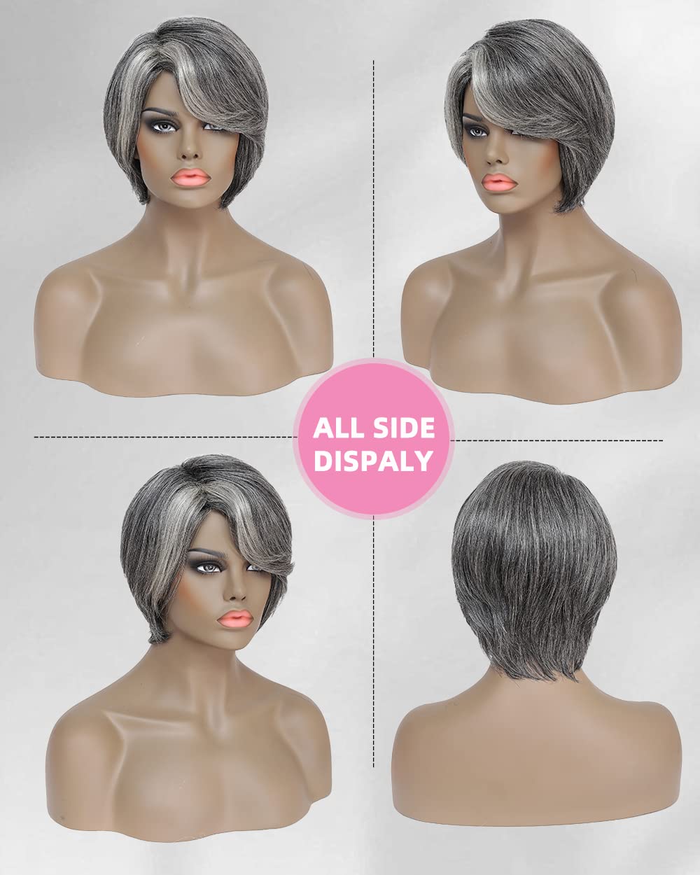 Gray Bob Lace front Wigs With Layered Swoop Bang ,raw virgin human Salt And Pepper Grey Wig for Women, Pixie Cut Glueless pixie cuts gray closure fron