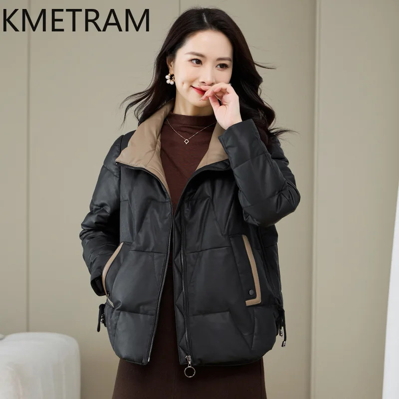 White Goose Down Womens Genuine Leather Puff Jacket 100% Sheepskin Short Coat Winter Clothing 241107