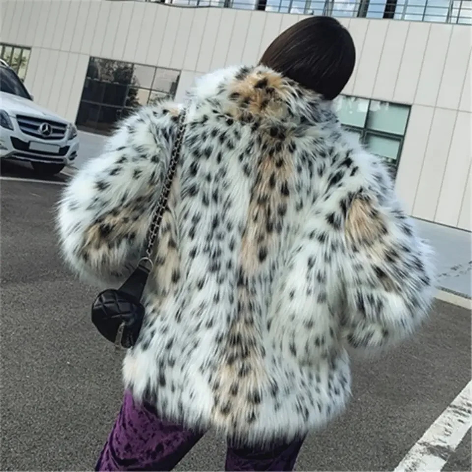 faux mink leopard print coat womens lapel plush fox fur bomber jacket spotted cardigan top 241107