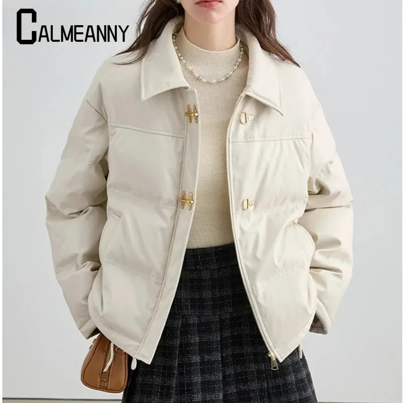 Womens down jacket winter casual loose collar velvet leather jacket short loose inflatable jacket 241107