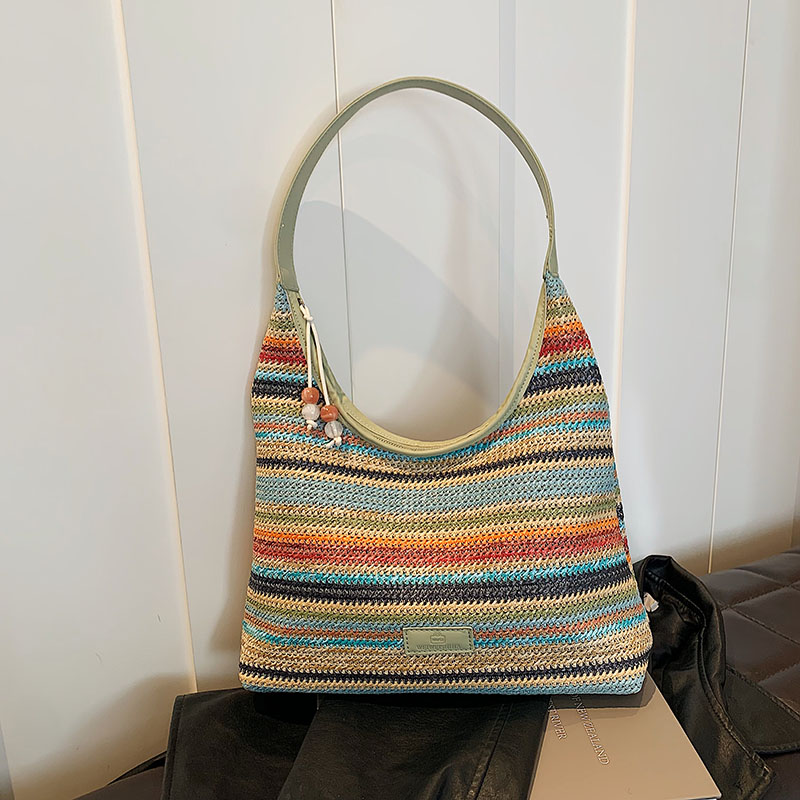 Women Straw Woven Tote Bag Striped Tote Clutch Bags Large Capacity Beach Vacation Shoulder Bag Contrast Color for Outdoor Travel