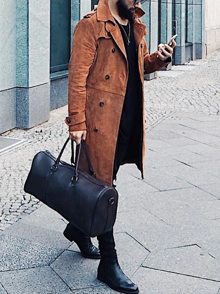 2024 Outdoor Male Double Breasted Suede Jackets Winter Fashion Notch Collar Straight Long Coats Mens Casual Long Sleeve Outwear 241107