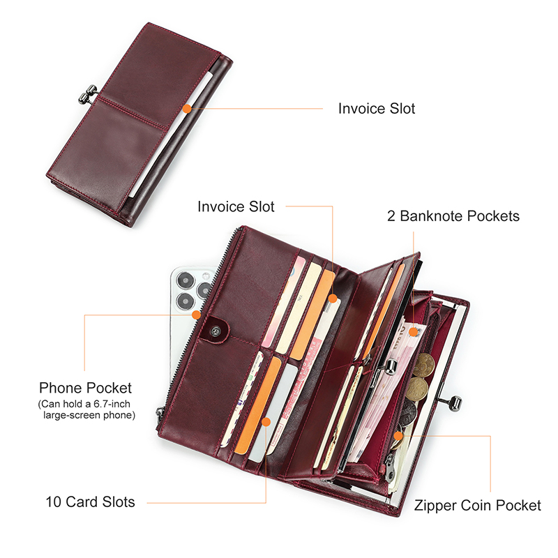 CONTACT'S Genuine Leather Wallets for Women Metal Frame RFID Card Holder Coin Purses Female Bag Luxury Designer Women's Purses
