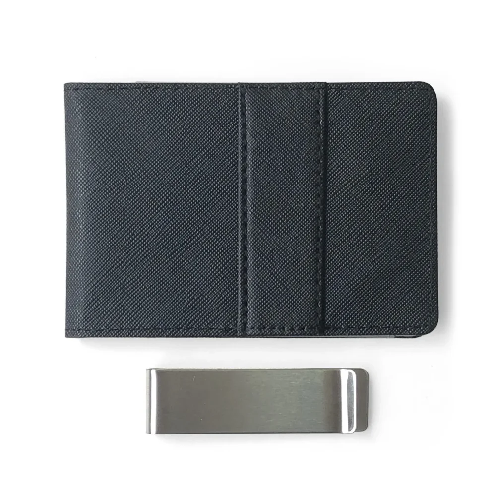 Hot Sale Fashion Solid Men's Thin Bifold Money Clip Leather Wallet with A Metal Clamp Female ID Credit Card Purse Cash Holder