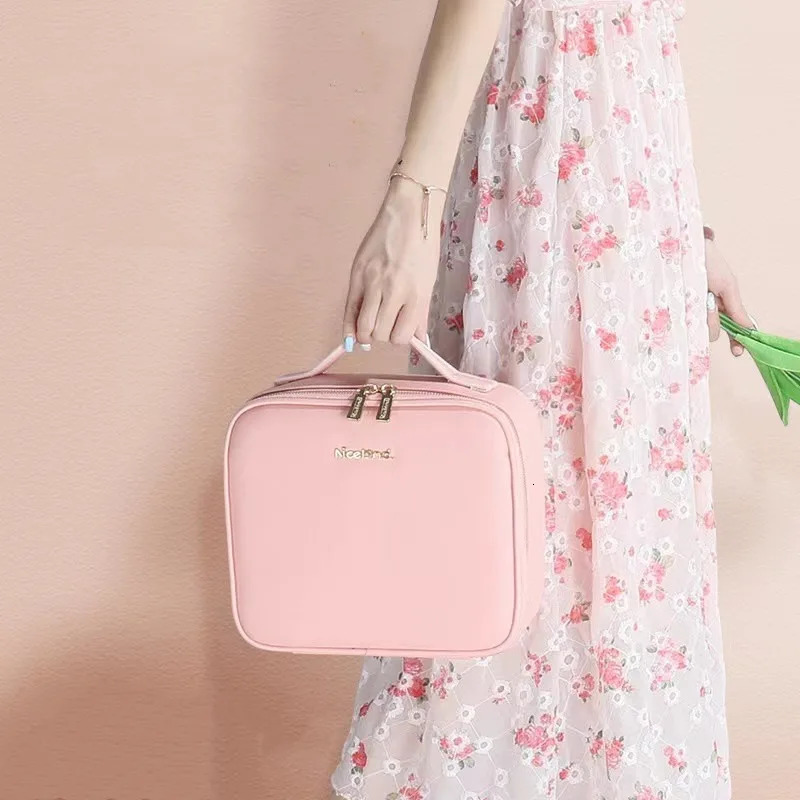 Smart LED Makeup Bag with Mirror Large Capacity Professional Waterproof PU Leather Travel Makeup Box 241106