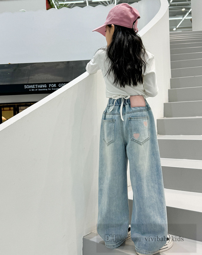 Big Girls pink love heart embroidery jeans kids straight wide legs pants winter teenagers thicken casual cowboy trousers S2454