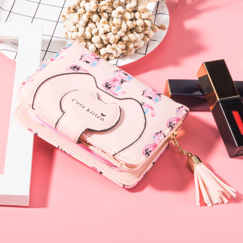 Japanese Cute Cat Girls Wallet Short Student ID Bank Card Holder Money Bag Zipper Wallets For Women Key Storage Purse Coin Purse