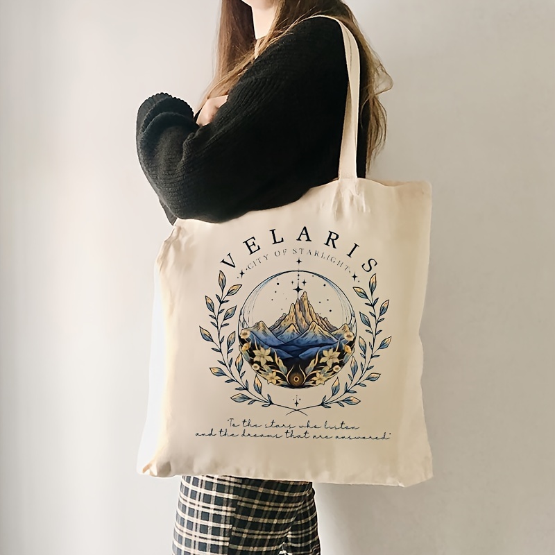 ACOTAR Velaris Pattern Tote Bag, Canvas Shoulder Bag For Daily Commute Women's Shopping Bag, Trendy Folding Shoulder Bag