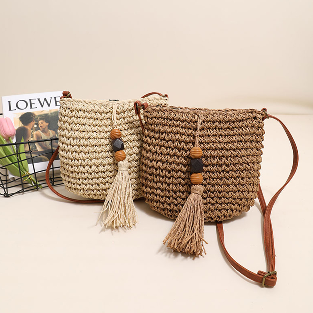 Women All-Match Bag with Tassel Small Straw Crossbody Bag Roomy Hobo Bag Casual Shopper Bag for Daily Office Use Solid Color Bag