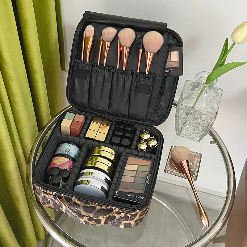 Leopard Pattern Cosmetic Bag Partition Multi functional Portable Travel Storage Makeup Box 241106