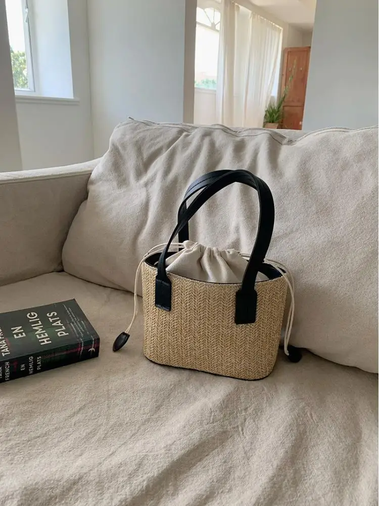 2023 Women's Leisure Grass Woven Handbag Drawstring Bucket One Shoulder Crossbody Bag Women's Travel Bohemian Vacation Beach Bag