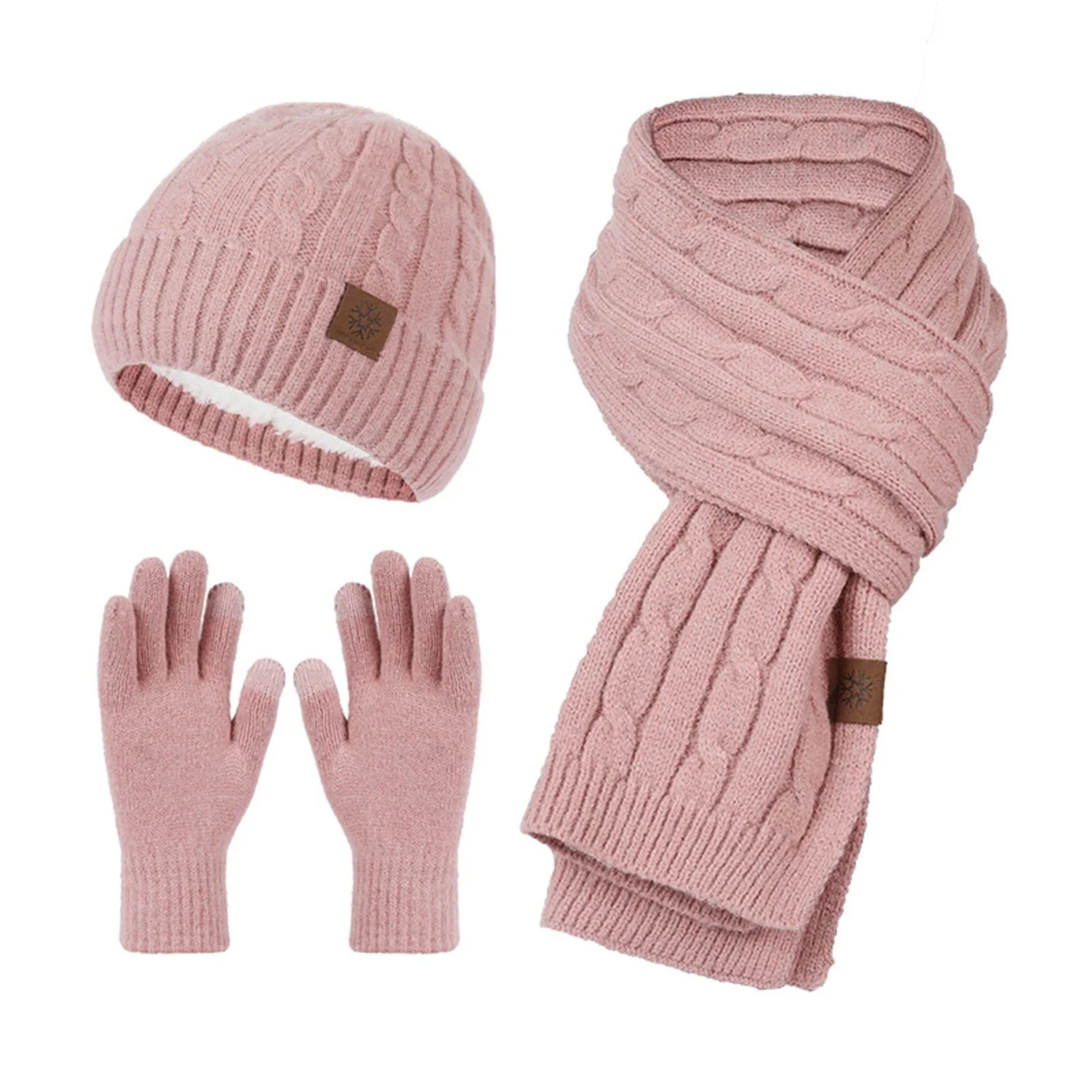 Womens Knitted Beanies Cold Hat 3-Piece Warm Winter Hat Womens Solid Color Scarf Hat Scarf Glove Hat Womens Three Sets 241107