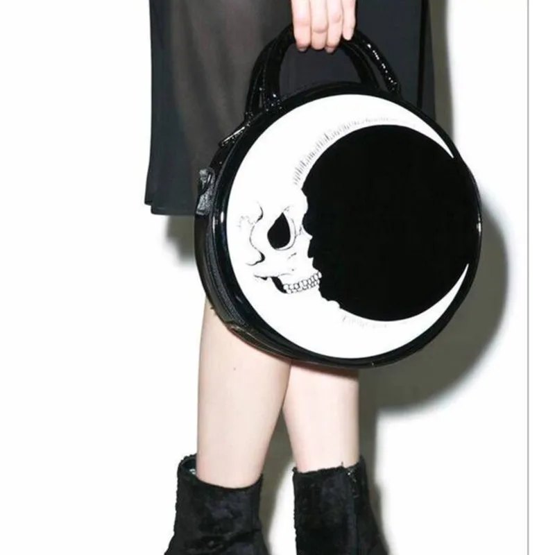 Women Lady Girl Punk Dark Skull Head Thunder Flash Printed Gothic Cross Body MOON Messenger Bag Round Handbag Harajuku