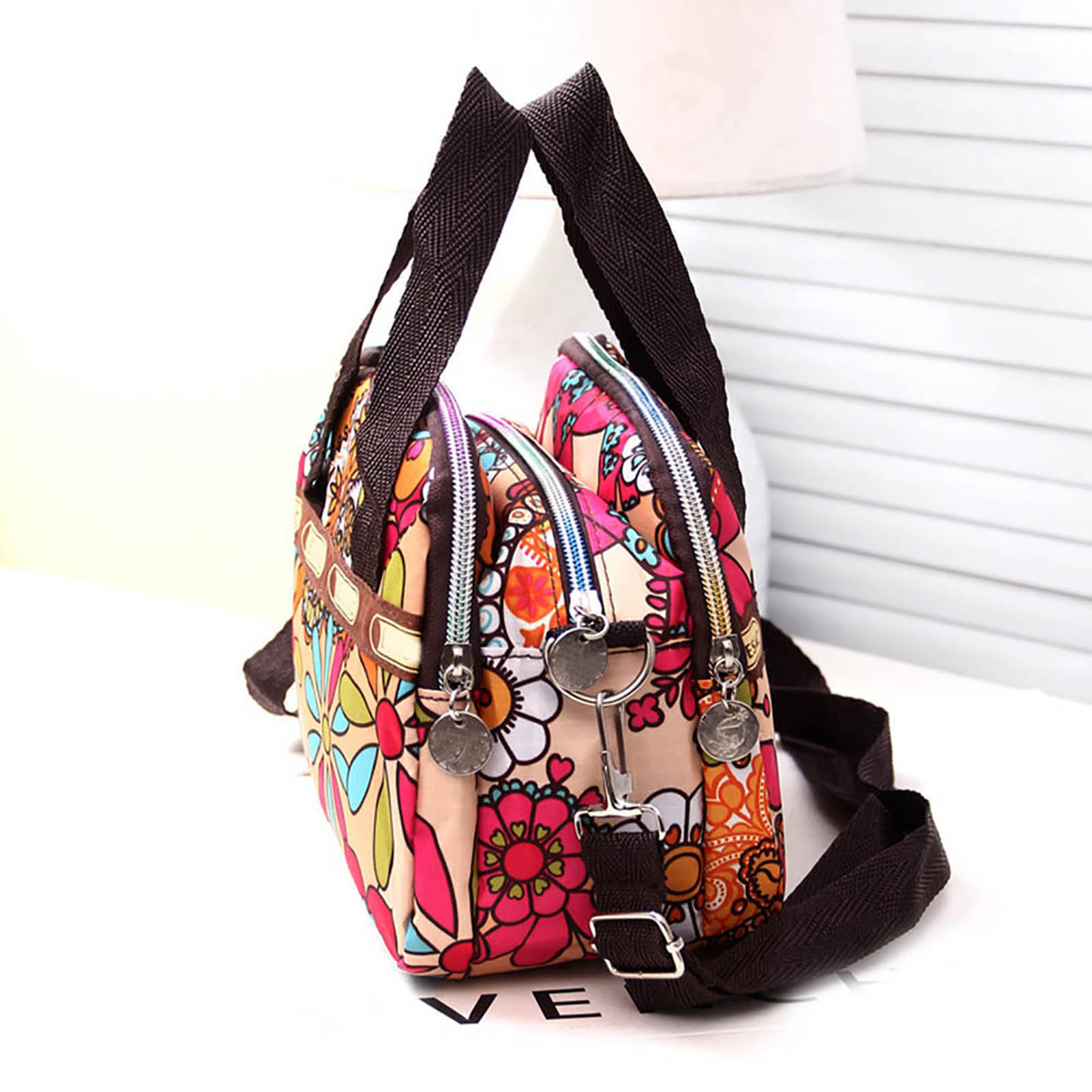 Colorful Floral Print Women Multi Pocket Zipper Tote Handbag Casual Nylon Crossbody Shoulder Bag