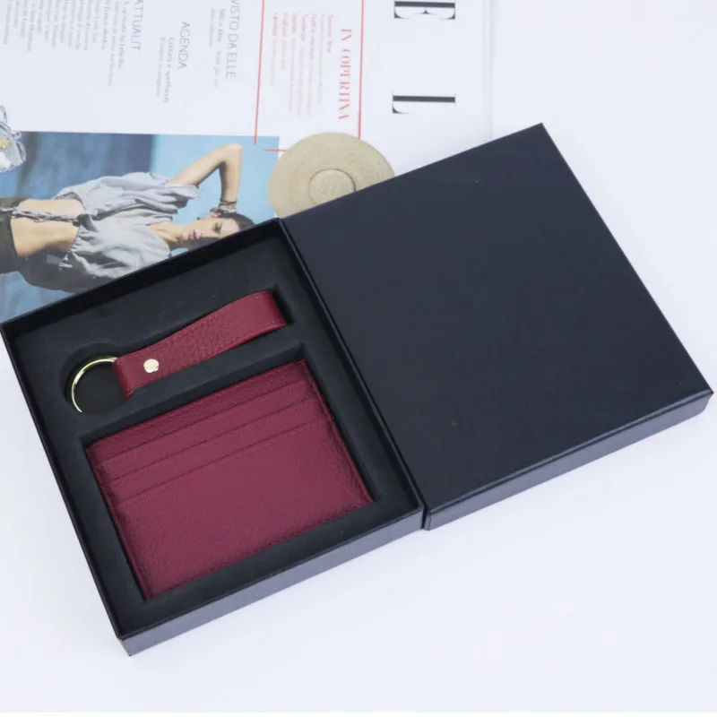 Custom Letters Genuine Leather Business Credit Card Holder Key Ring Gift Box Set Ultra-thin Short Card Cover Small Keychain Set