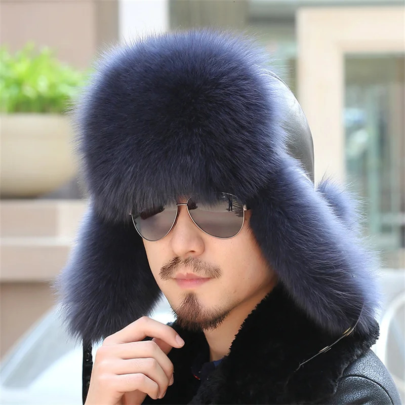 Winter 100% real silver fox fur bomber raccoon fur hat Ushaka Russian hunting hat mens skiing hat mens raccoon fur hat 241106
