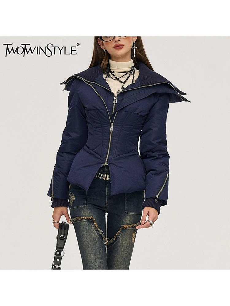 TWOTWINSTYLE Solid Weight Loss Warm Jacket for Women Flip Collar Long Sleeve Patch Work Zipper Casual Jacket for Women Fashion Winter 241107