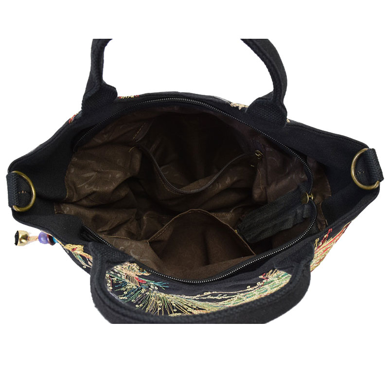 Veowalk Shiny Sequins Peacock Embroidered Women Canvas Totes Bag, Summer Shopping Shoulder Bag Vintage Beaded String Handbag