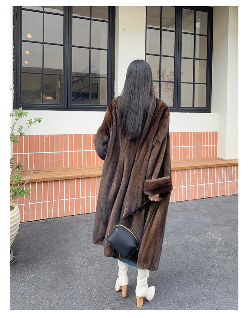 Womens winter jacket V-neck loose and fashionable warm mink fur womens jacket casual long style park brown 241107