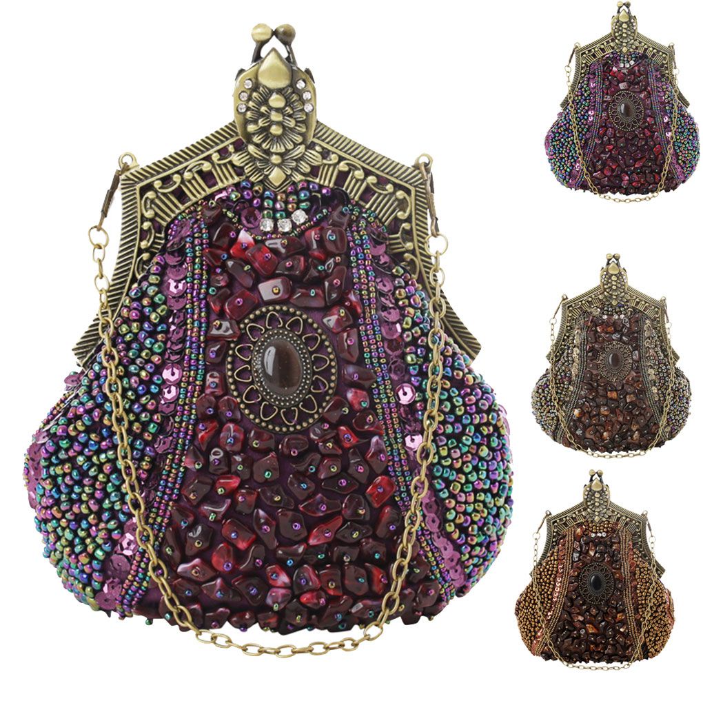 Vintage Sequined Purse Evening Handbag Women Antique Crystal Beaded Embroidery Party Chain Clutch Wedding Bridal Bag