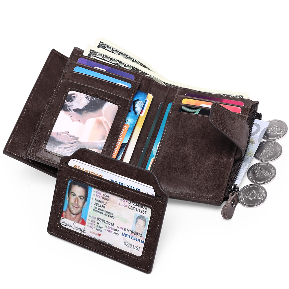 Classic Men's Vintage Genuine Leather Wallet Top Cowhide RFID Zipper Coin Purse Credit Card Holder for Men