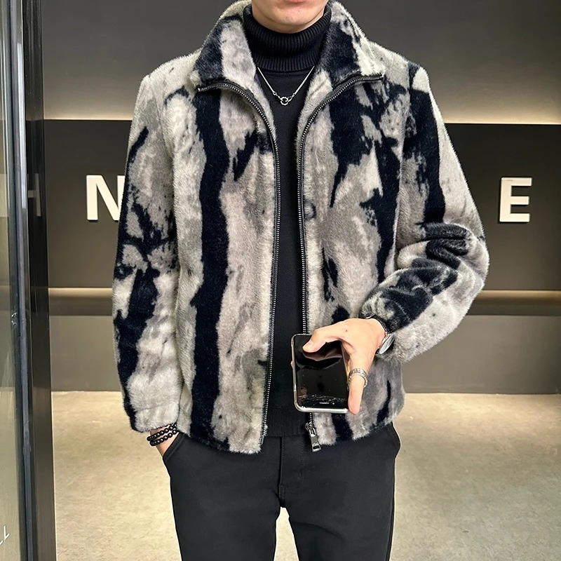 Winter mink mens jacket stand up leather jacket faux fur leather jacket overall thick wool jacket faux leather mens jacket 241107