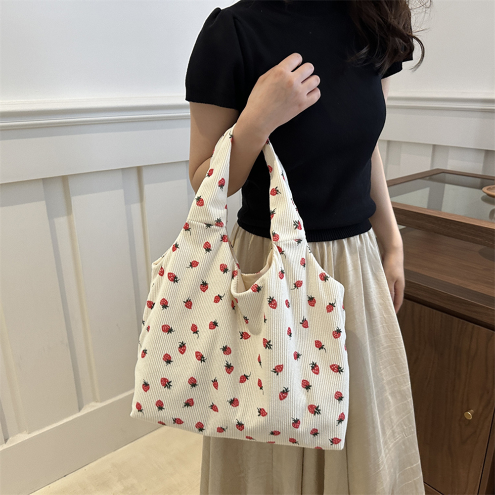 Women Strawberry Pattern Handbag Large Capacity Canvas Simple Shoulder Bag Strawberry Shoulder Handbag Girls Shopper Bag