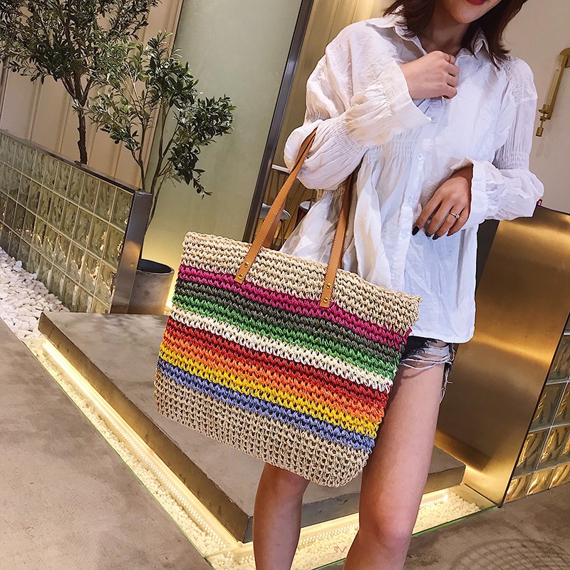 Fashion Lady Handbag Beach Rainbow Color Lady Handbag Shoulder Korean Version Of The Trend Beach Straw Bag