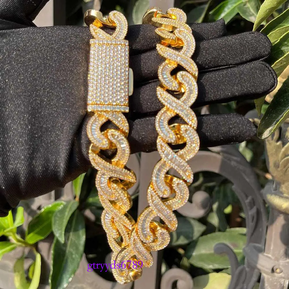 Men 12mm Wide k Sier Iced Out Baguette Cut Moissanite Hip Hop Custom Cuban Necklace